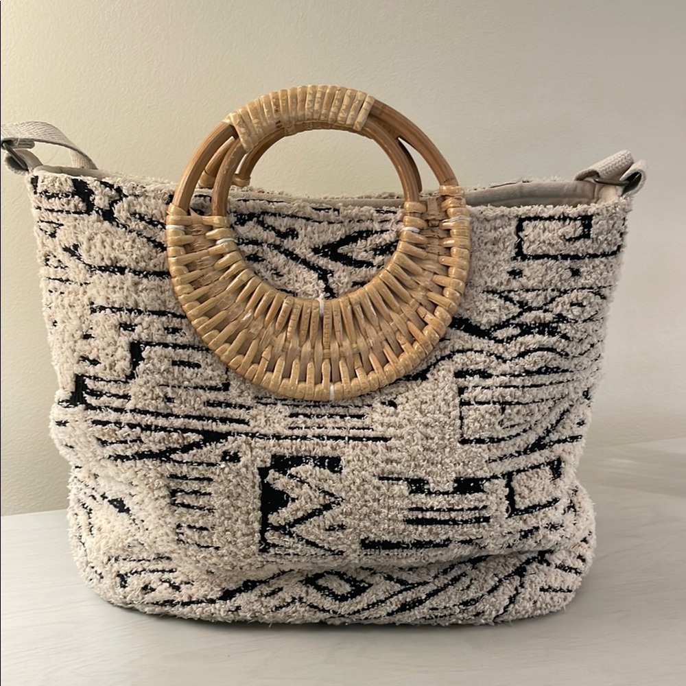 Stylish Cream and Black Woven Carpet Bag